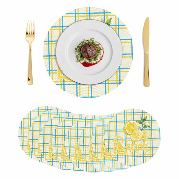Summer Lemon Watercolor Round 13 Inch Placemats Set of 8, Yellow Blue Line Checkered HeatResistant Non Slip Place Mats for Dining Table, Wipeable Braided Kitchen Table Mats for Housewarming