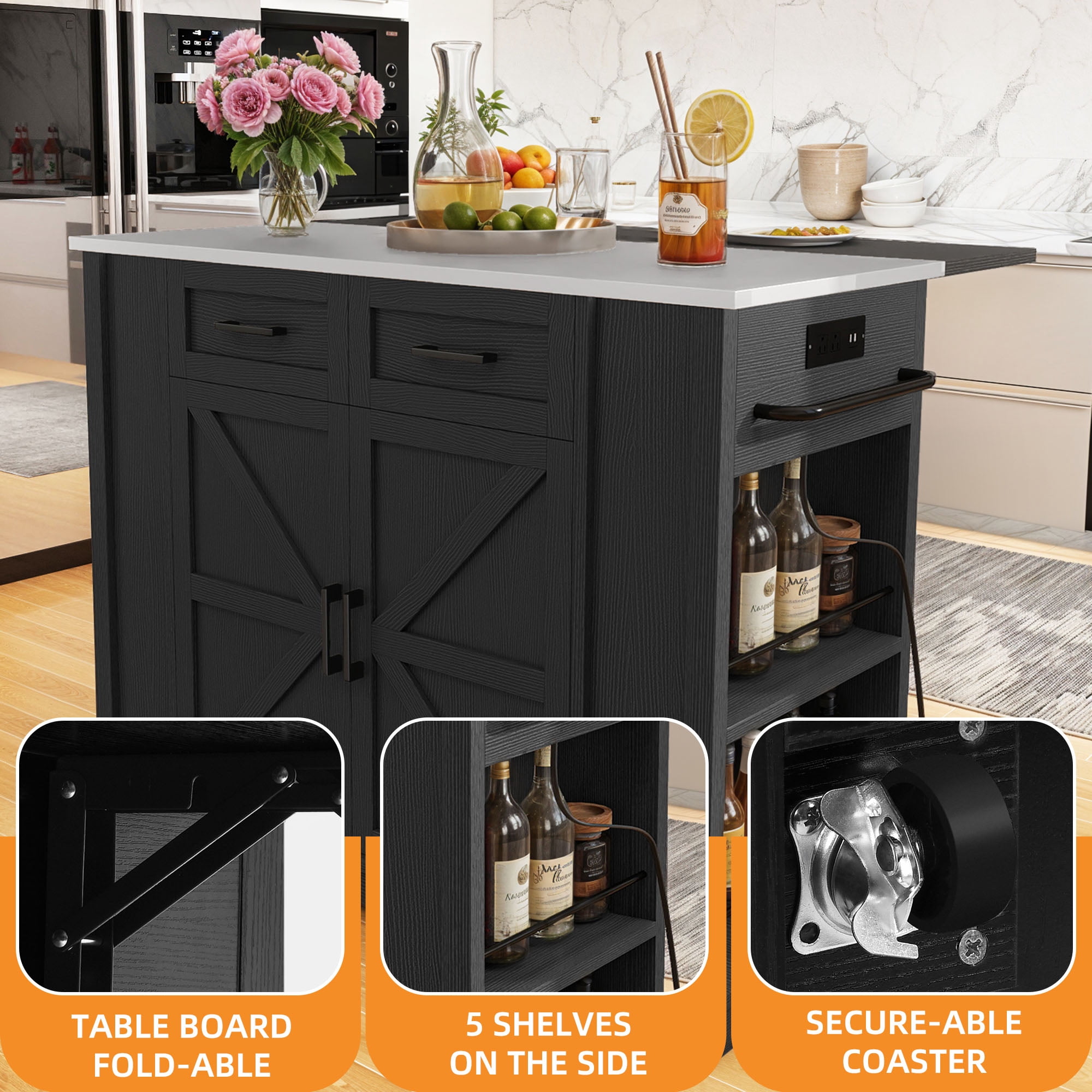 Craftian Kitchen Island Table with Storage & Power Outlet, Kitchen Island Cart with Drop Leaf, Black