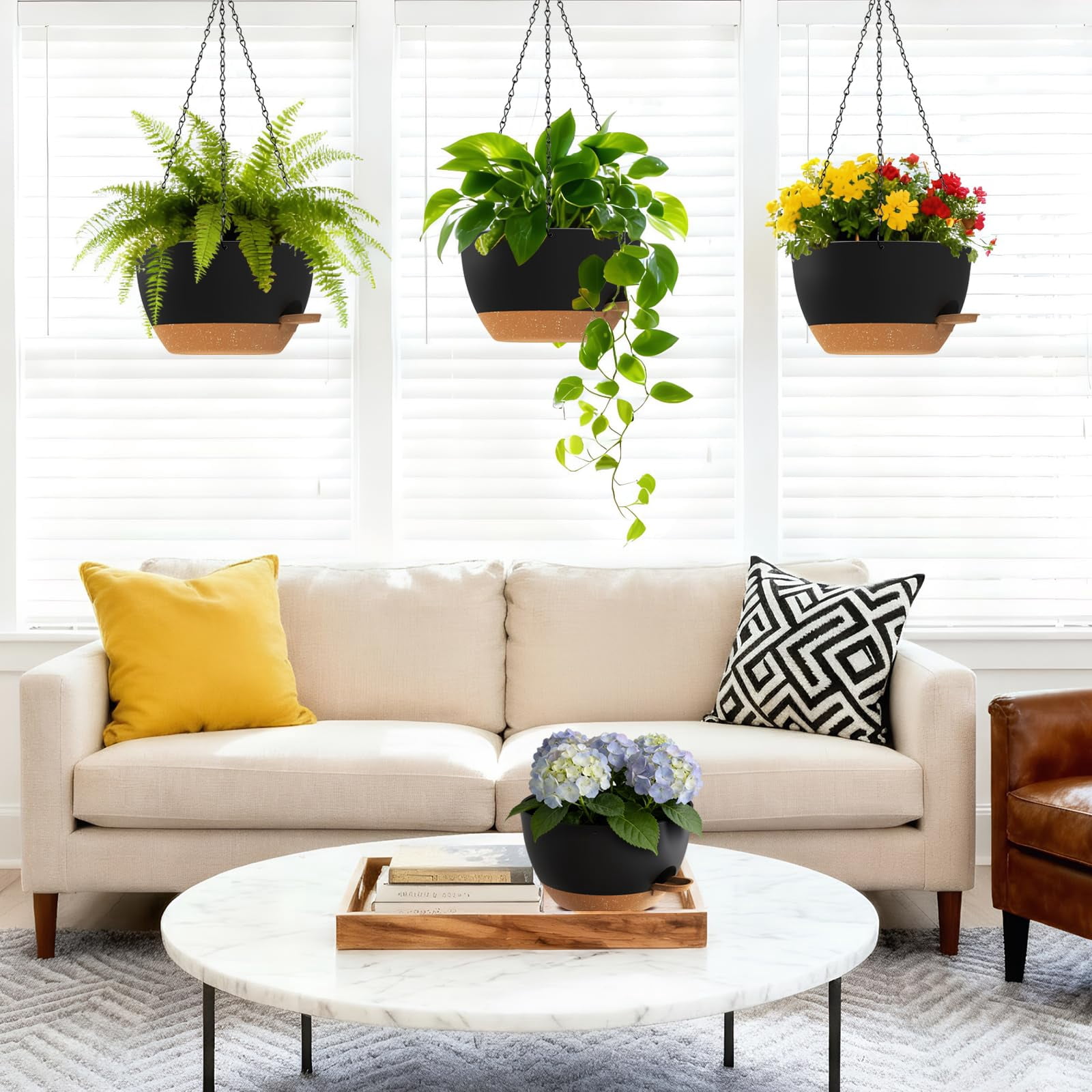 Set Of 3-10 Inch Self Watering Hanging Planters For Indoor Outdoor Plant Pots With Drainage & Removable Tray  Holder Ivy Pothos Ferns Balcony Patio Black Brown