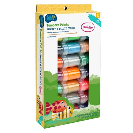 Hello Hobby Washable Tempera Paint, Safe & Nontoxic, Primary & Deluxe Colors, 24 Pack