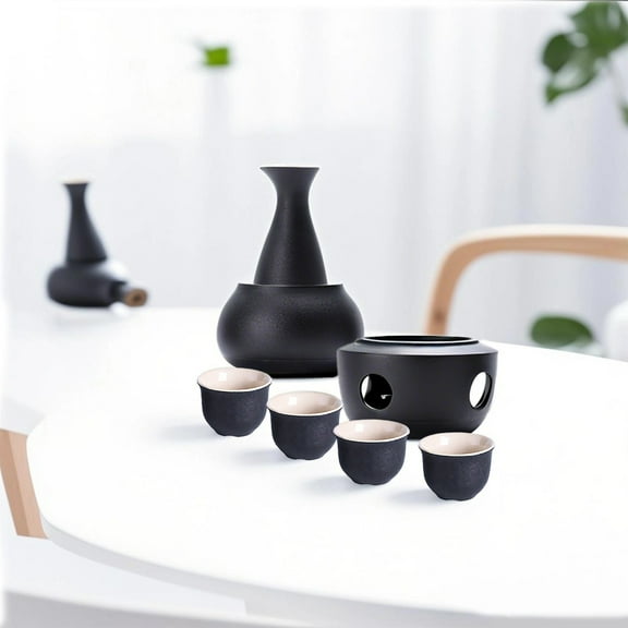 Traditional Chinese Ceramic Sake Warmer Set - Candle-Activated Black Pottery with Warming Base & 4 Cups - Complete Sake Serving Set for Home Bar & Perfect Holiday Gift
