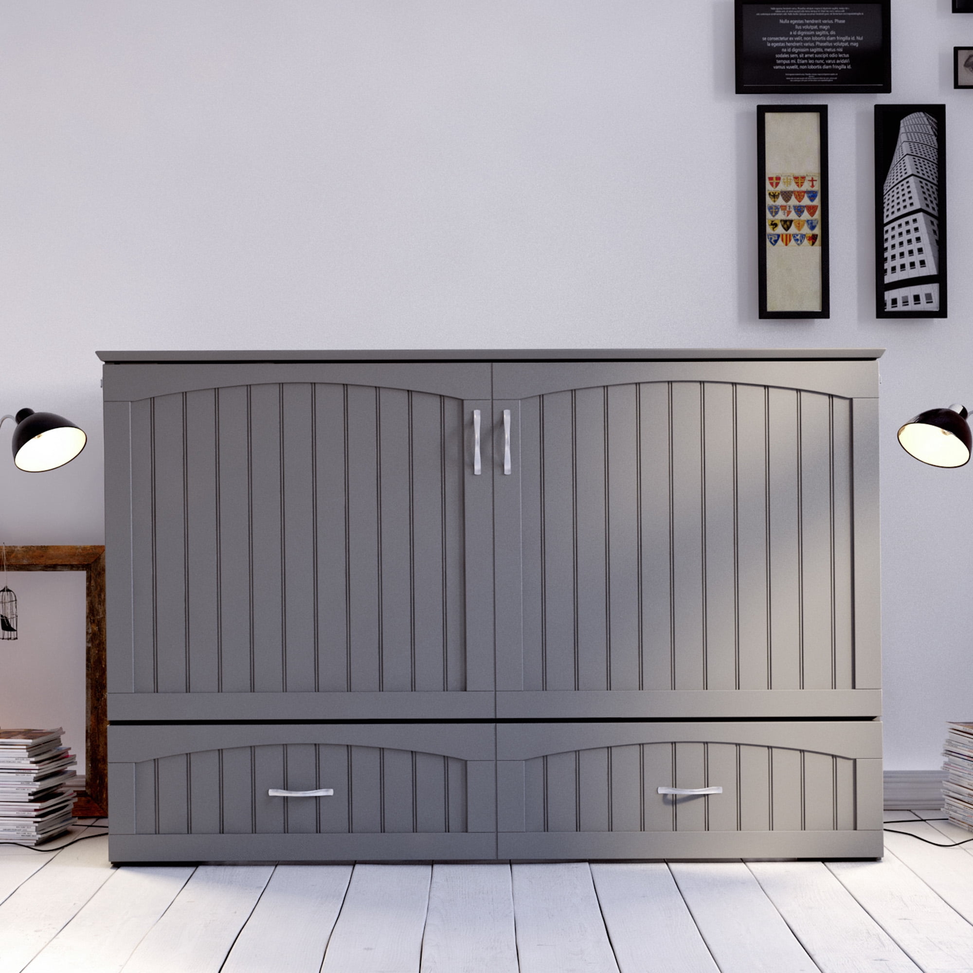 AFI Southampton Queen Solid Wood Murphy Bed Chest with Mattress, Drawer & Charger in Gray