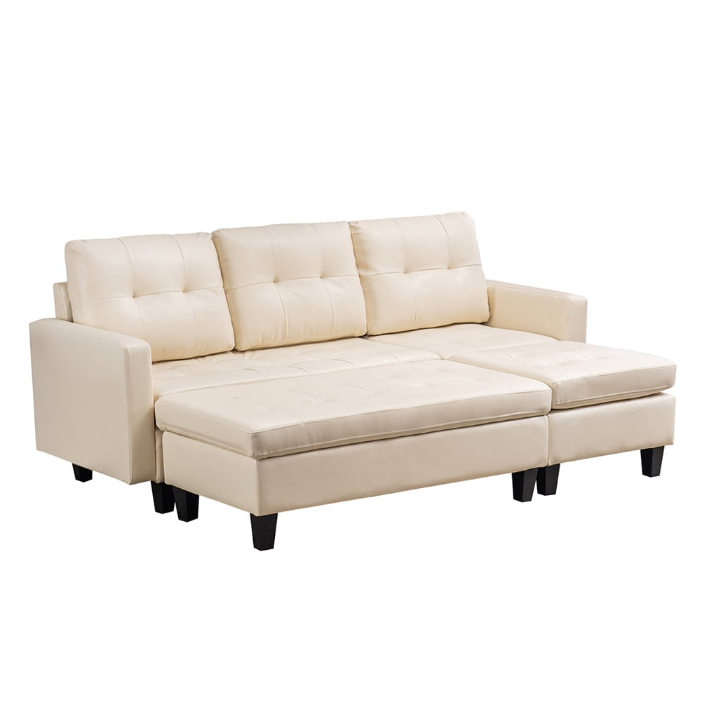 Lowestbest Solid Wood Upholstered PU Sofa, L-Shaped Minimalist Nordic Style Indoor Sofa, White Lowestbest Solid Wood Upholstered PU Sofa, L-Shaped Minimalist Nordic Style Indoor Sofa, White
