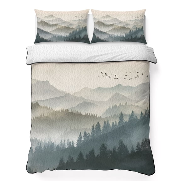 Twin XL Quilt Set 68''x98'', Mountains Lightweight Summer Bedspread Coverlet Set with 2 Pillow Shams, Farmhouse Forest Nature Trees Landscape Breathable All Season Quilt Bedding for Dorm/Guest Room