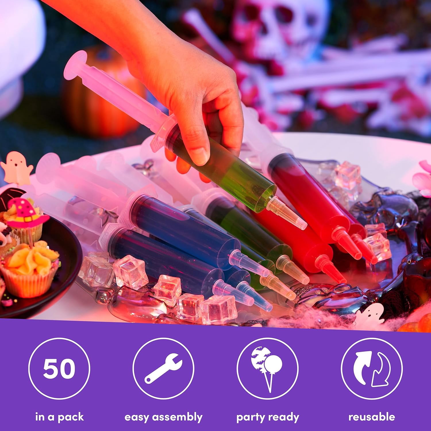 The Twiddlers 50 Pack Jumbo Jello Shot Syringes with Caps/Lids (2oz) for Party, BPA Free, Reusable
