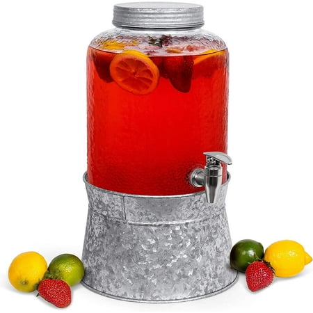 

2.5 Gallon Pebbled Glass Beverage Dispenser with Galvanized Stand Decorative Round Jar for Drinks Lemonade Sangria Tea Water Drink Jar Jug