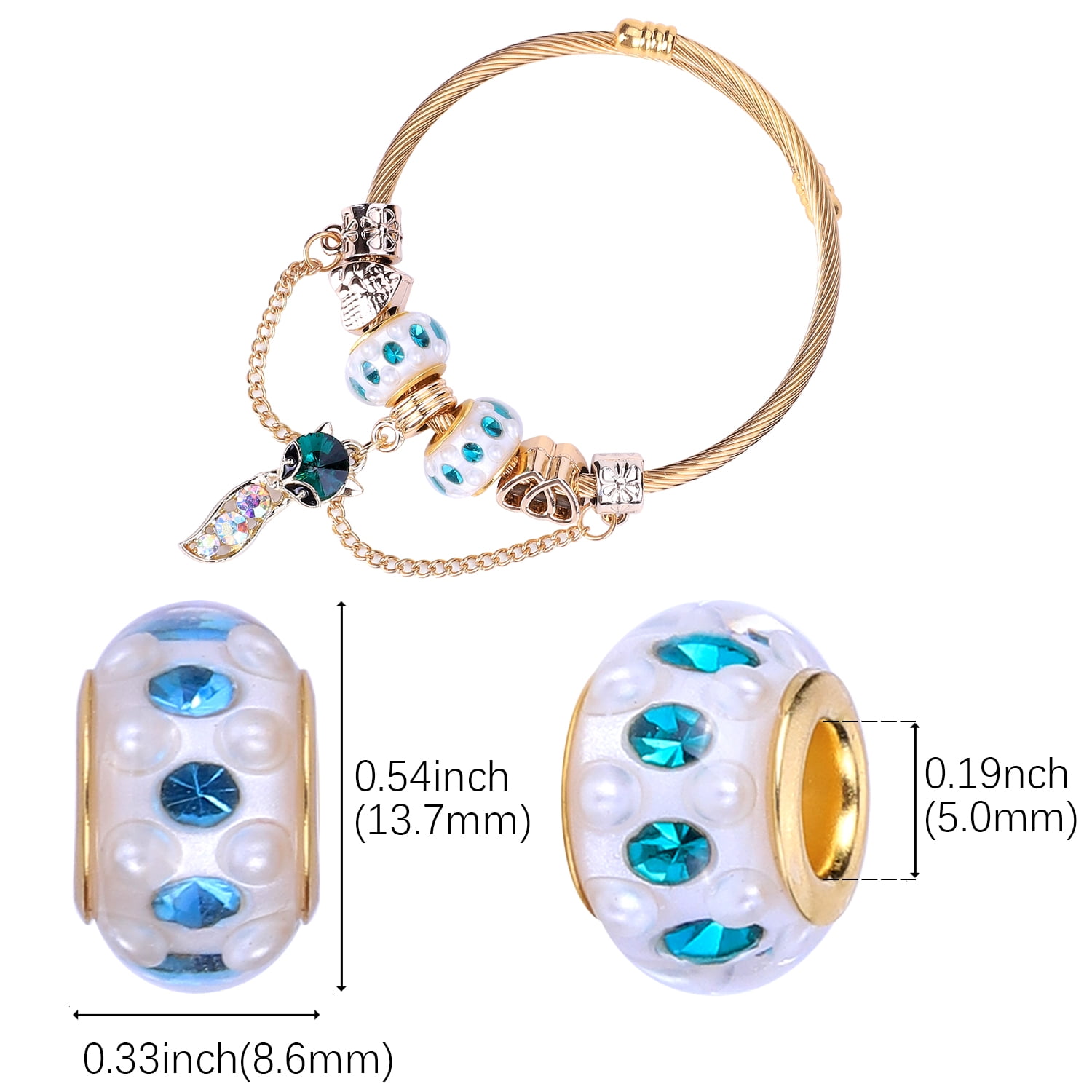 50 Pieces Girls' Lucky Beads Lover Amber Beads, Large Hole Spacer Beads European Craft Murano Beads for DIY Charms Bracelet Jewelry Making(Golden core+Mixed Rhinestones)
