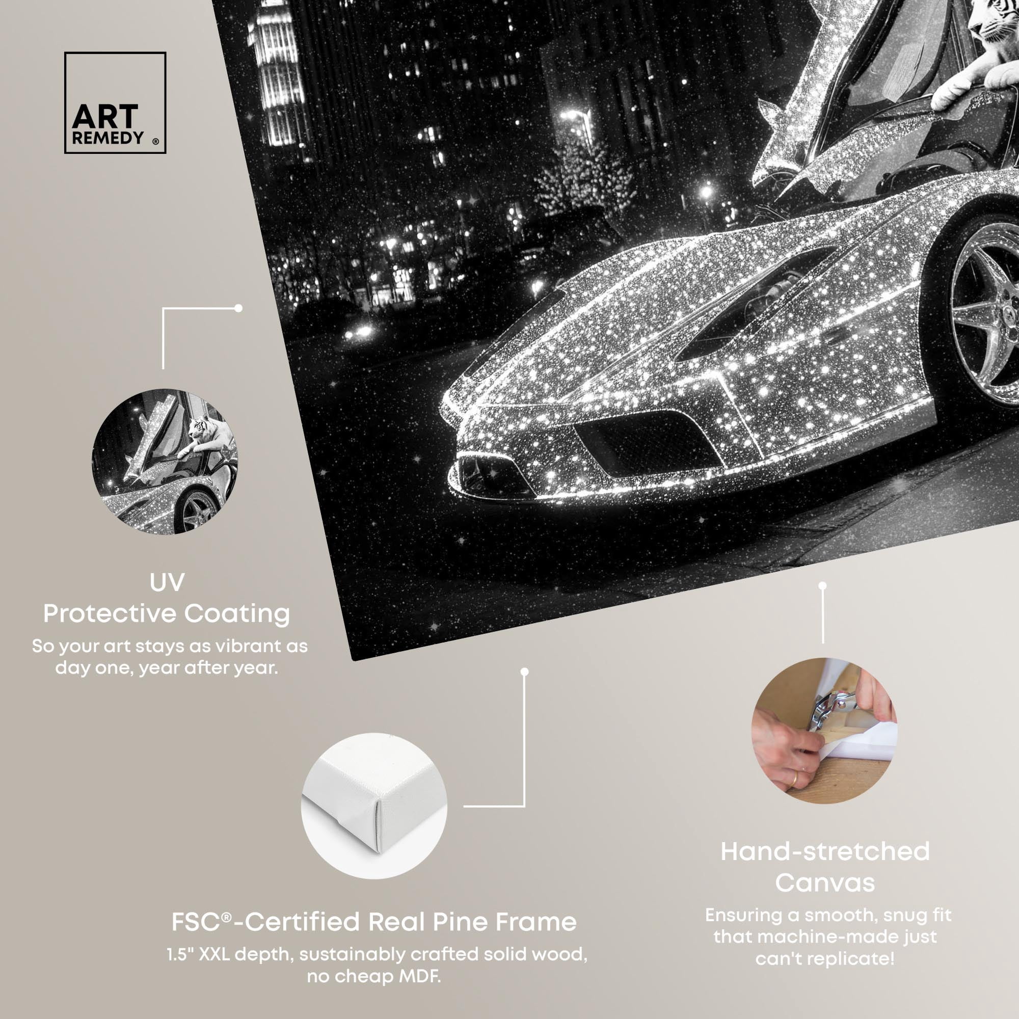 Glistening Tiger and Car Canvas Luxury Cars Prints by Art Remedy, Gallery Wrapped, 54 x 36