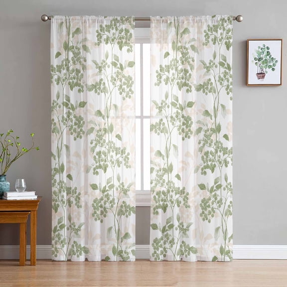 Sage Green Botanical Semi Sheer Curtains 63 Inch Length 2 Panels Set, Vintage Nature Flower Sheer Kitchen Curtain Privacy Voile Window Curtain for Living Room Bedroom Rod Pocket Drapes