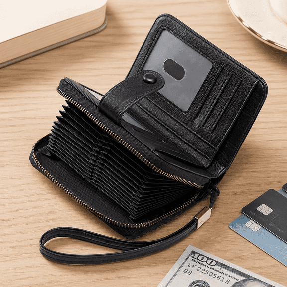 Large Capacity Bifold Zipper Card Holder Wallet for Women – 32 Slots Leather Credit Card Organizer with Wristlet