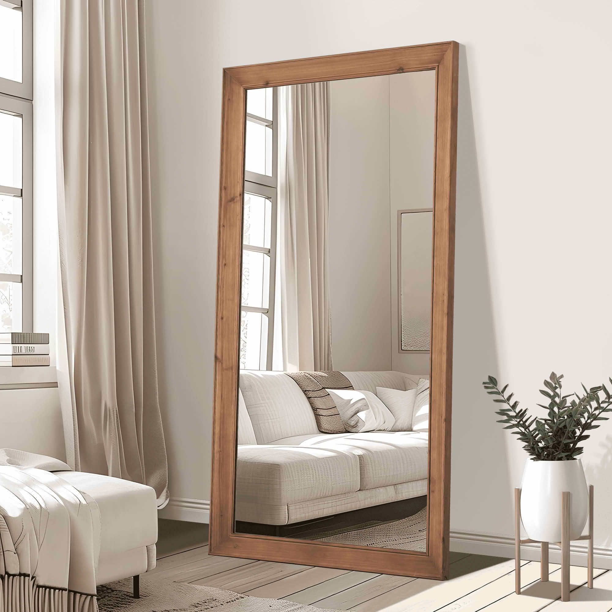 MAYEERTY 71x31x2 Inch Brown Wood Vertical Stripe Right Angle Rectangular Full Length Mirror with Stand for Bedroom