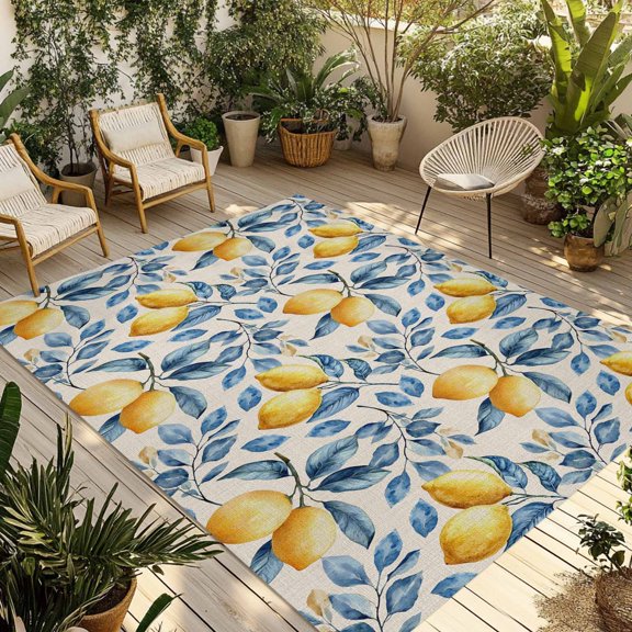 Fsddascl Lemon Outdoor Rug for Patio/Deck/Porch, Non-Slip Large Area Rug 4 x 6 Ft, Spring Summer Pastoral Fruit Leaf Branch Indoor Outdoor Rugs Washable Area Rugs, Reversible Camping Rug Carpet