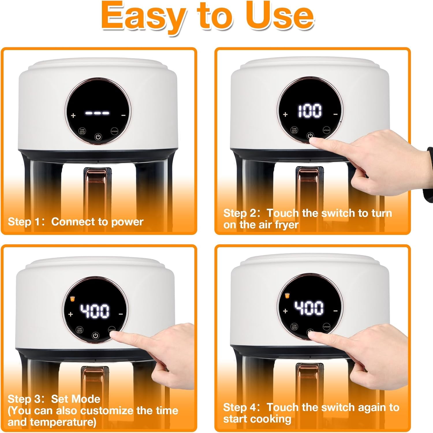 4.7QT Glass Air Fryer, 360 ° Viewable Glass Air Fryer Non Toxic, 6-IN-1 Preset Cook Modes, Digital Display, Adjustable Temp 100F - 400F, Nonstick, Dishwasher Safe, White