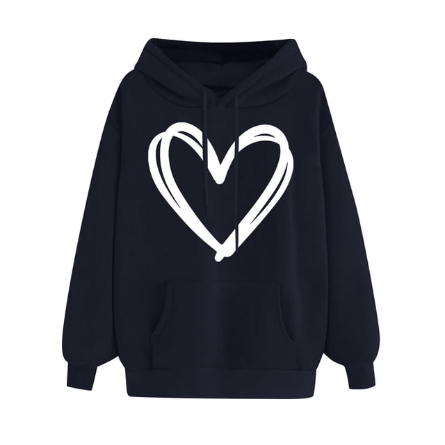 DPTALR Women's Comfortable Sweater Heart Pattern Printed Women's Hooded Pocket Drawstring Sweater