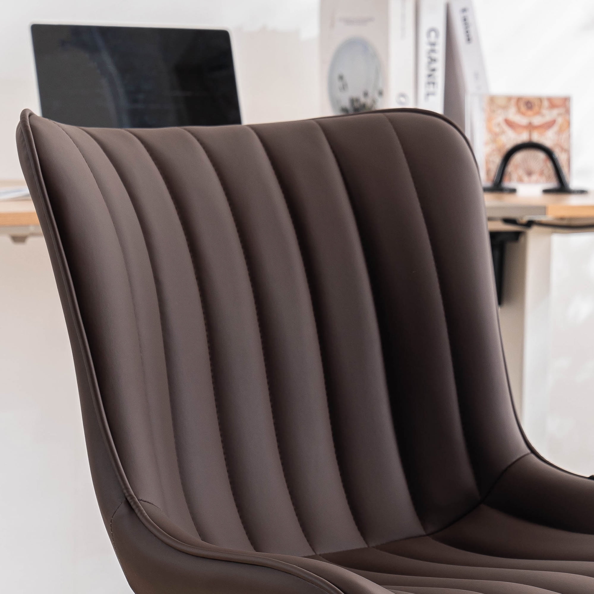 YOUNIKE Cute Armless Office Desk Chair Modern Upholstered Faux Leather Swivel Task Chair, Brown