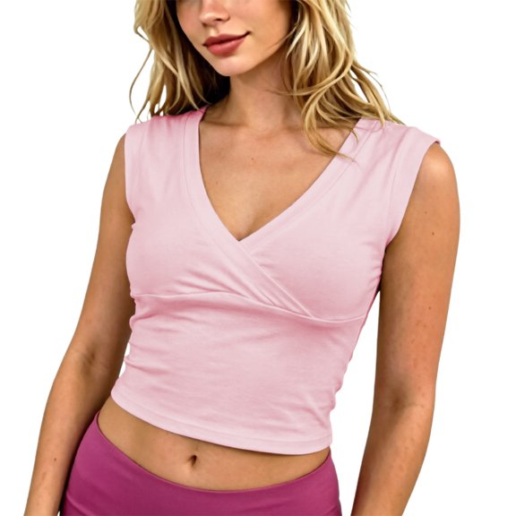 SNKSDGM Women Wrap V Neck Cap Sleeve Crop Tank Tops, Slim Solid Casual Summer Sleeveless Camisole Tees Pink XL