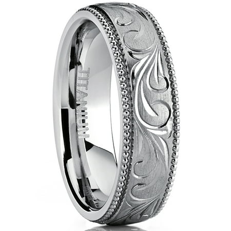 Men's Women's Hand Engraved Vintage Titanium Wedding Band, Unisex Milgrain Ring, Comfort Fit