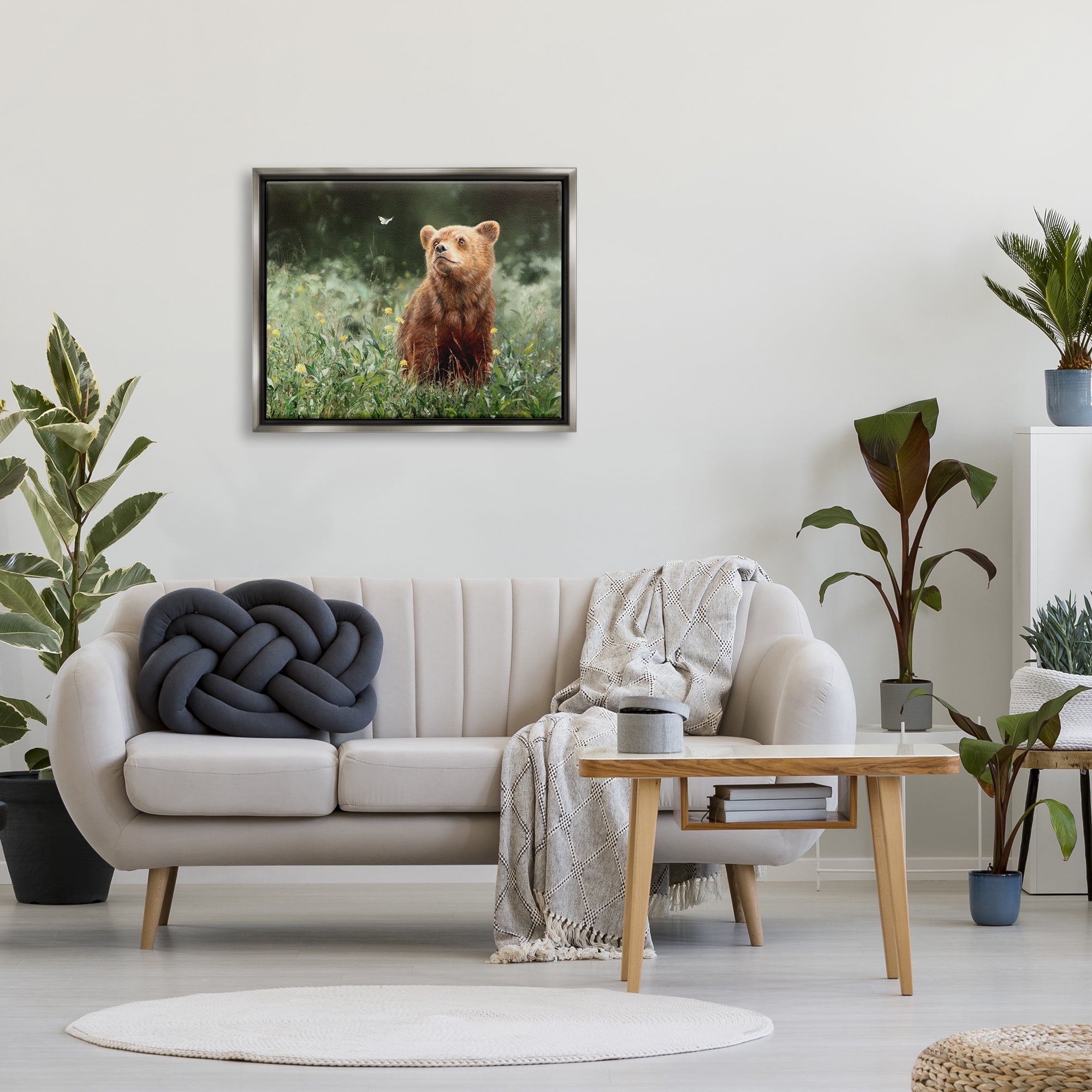 Stupell Industries Bear & Butterfly in Meadow Animals & Insects Photography Gray Floater Framed Art Print Wall Art, 31 x 25