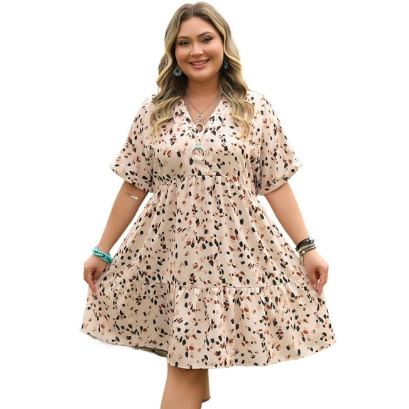 Women's Plus Size Beige Printed Surplice V Neck Dress with Cuffed Sleeves | [ZhiHiMeRi] | (US 14W-16W)1X