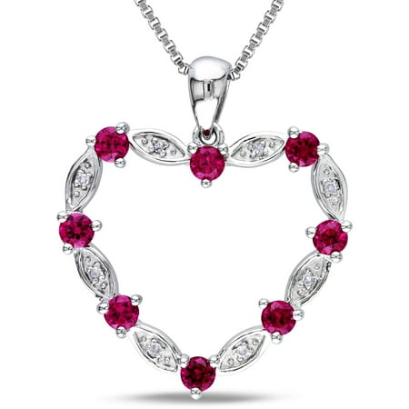 1-1/3 Carat T.G.W. Created Ruby and Diamond Accent Sterling Silver Heart Pendant, 18