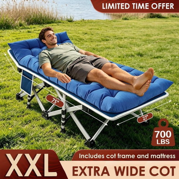GETOVIN Camping Cot with Mattress, Heavy Duty XXL Folding Bed, Portable Oxford Travel Bed with Carry Bag for Outdoo, Home, Travel,Easy to Setup