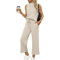 YATELLE Two Piece Sets for Women Summer Outfits Lounge Sets Mock Neck Tops Wide Leg Crop Pants Vacation Travel Outfits