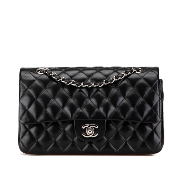 Pre-Owned CHANEL Matelasse 25 Double Flap Coco Mark Chain Shoulder Bag in Black Lambskin for...