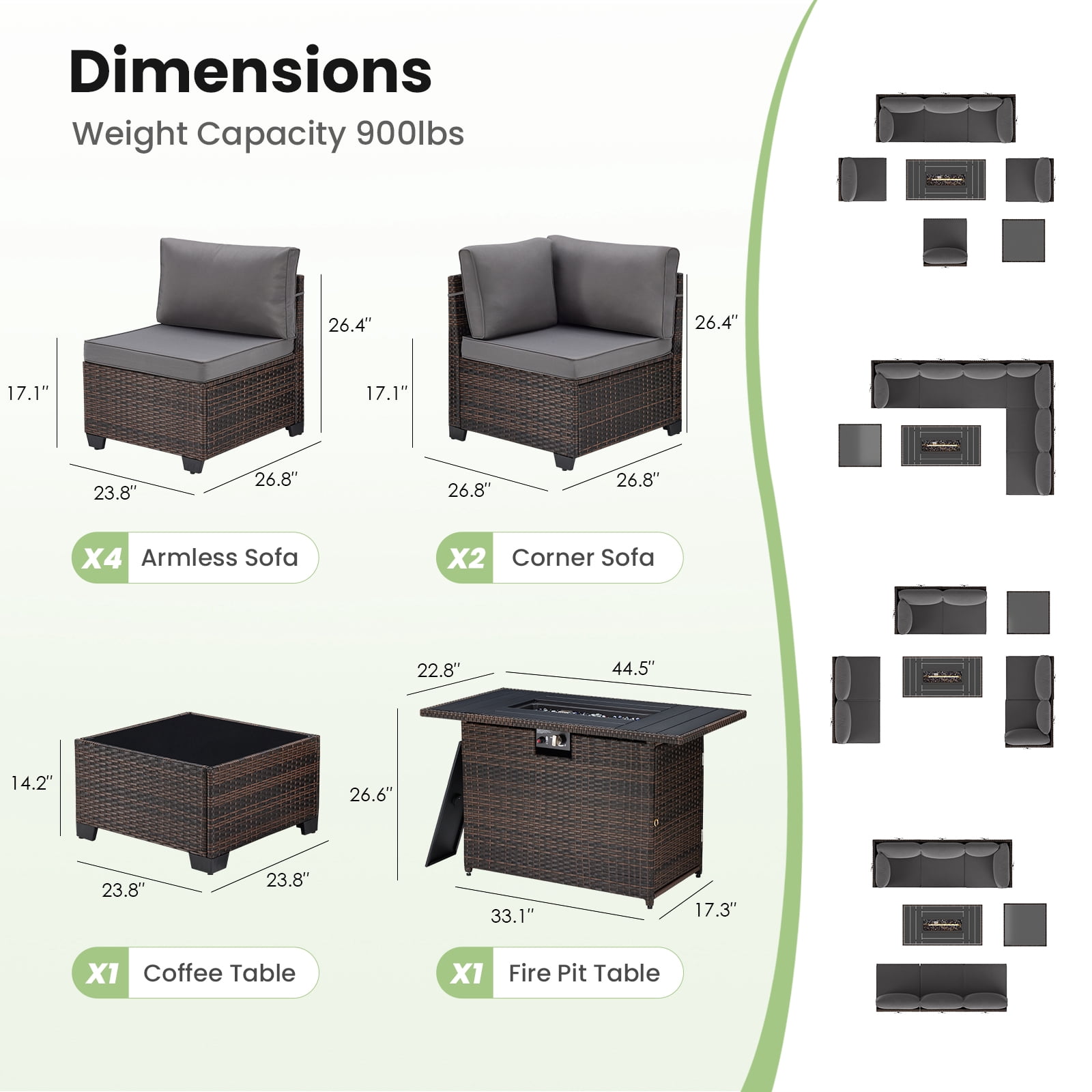 STARY 8 Pieces Outdoor Furniture Set with Fire Pit Table, Wicker Patio Sectional Sofas, All-Weather Outdoor Conversation Set for Garden, Grey