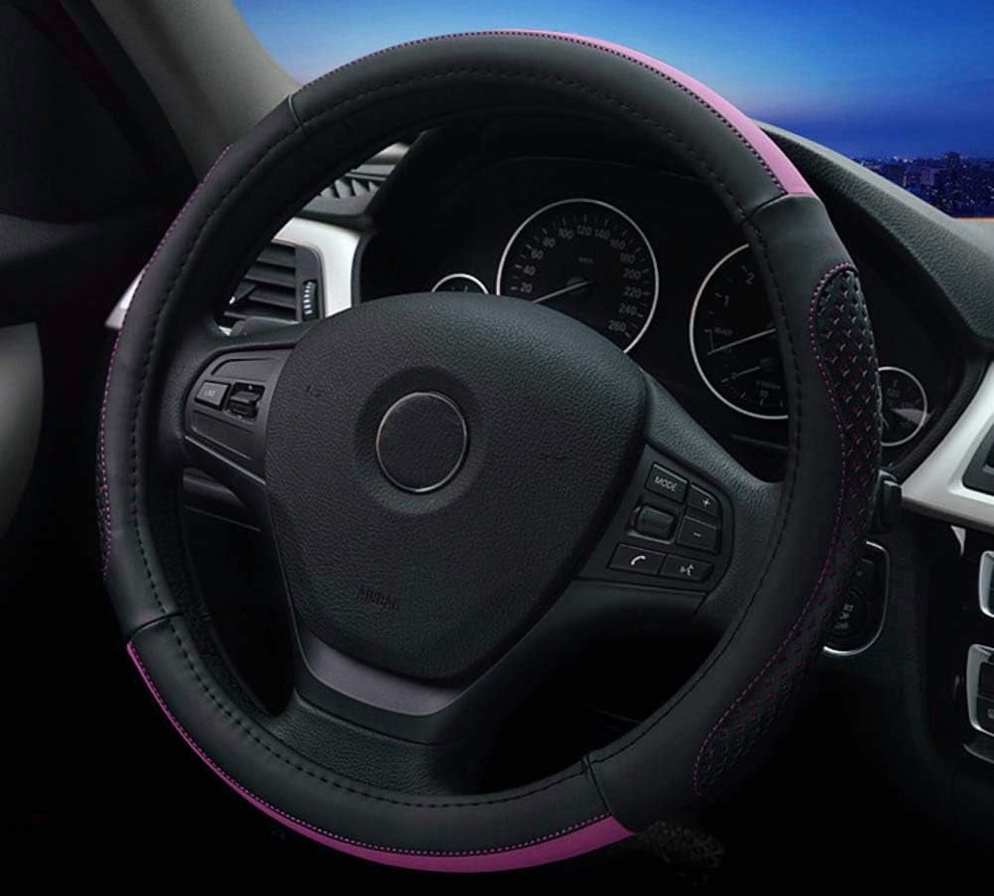 Car Steering Wheel Cover Hole Perforation Anti-Slip Universal 15 Inches Leather for Women, Black Blue