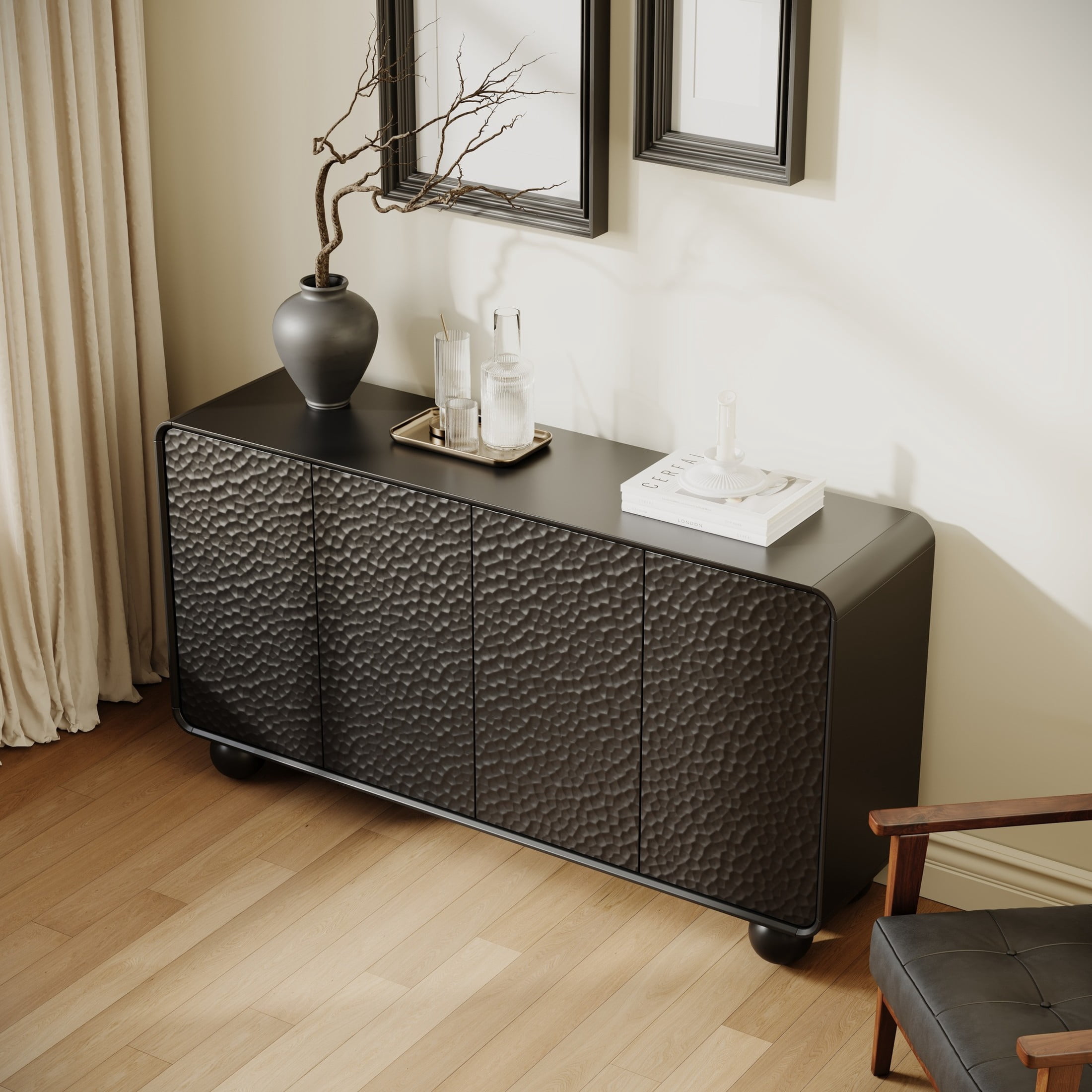 Noble House Neris Modern Buffet Cabinet with Honeycomb Textured Doors, Accent Credenza Large Console Table, Black
