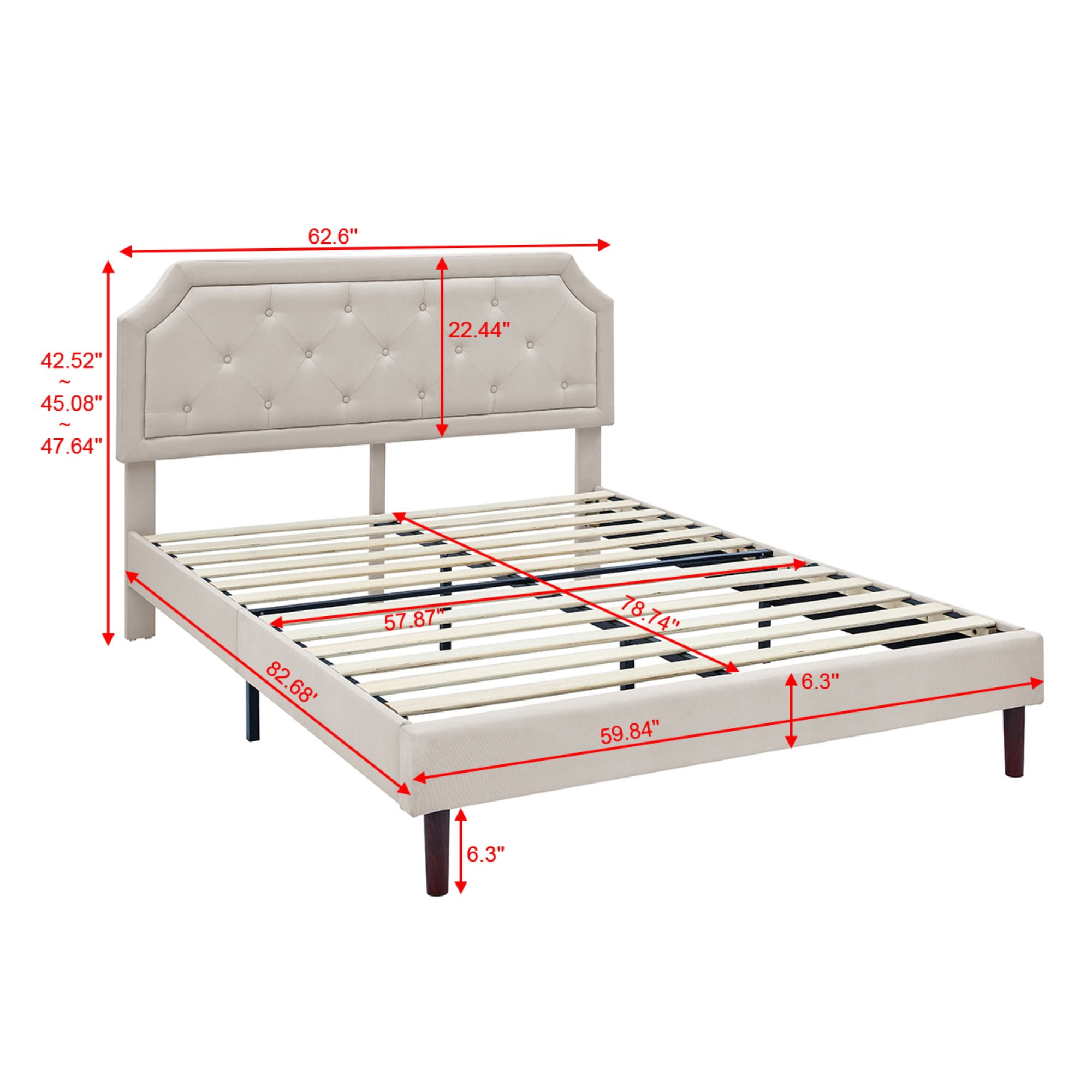 Gewnee Queen Size Platform Bed Frame with Upholstered Adjustable Headboard for 8-12 inch Mattress, Wood Slats, Center Support, No Box Spring Needed in Beige