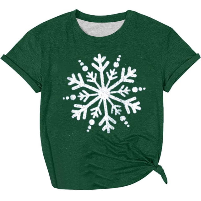 Hauts pour Femmes Décontracté Imprimé de Noël Flocon de Neige Col Rond Manches Courtes T-Shirt Grande Taille Blouses pour Femmes, Vert, 2TG