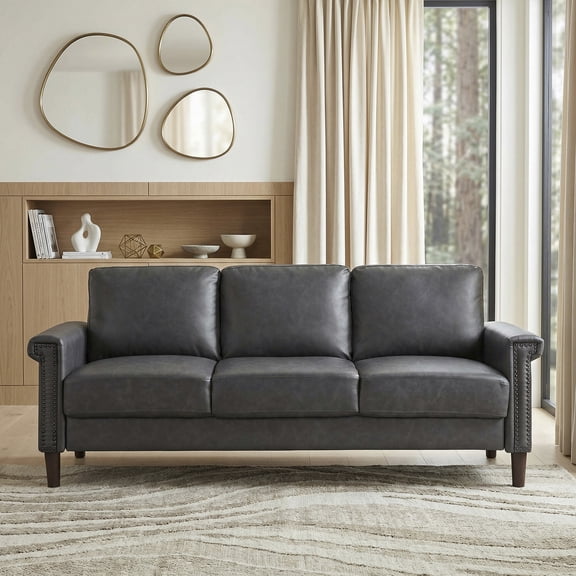OakvillePark Hartwell Faux Leather Sofa with Nailhead Trim, Dark Gray