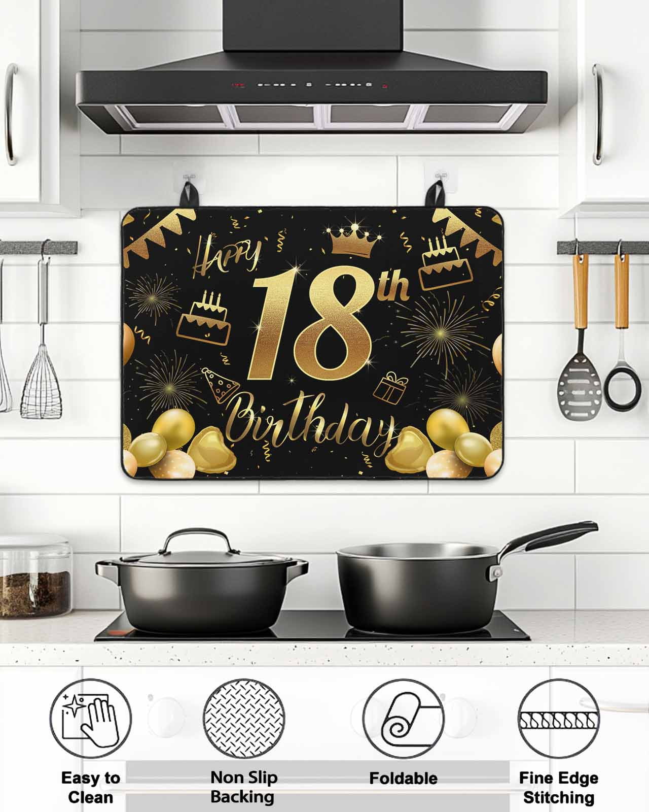 Stove Top Covers for Electric Stove, Happy 18th Birthday Glass Stovetop Cover Protector, Black Golden Balloon Cake Fireworks Induction Cooktop Protector Oven Mat for Kitchen Countertop 24"x21"