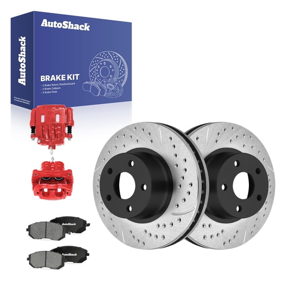 AutoShack Front Vented Drilled & Slotted E-Coated Brake Rotors   Ceramic Pads   Calipers Red 8-PC Brake Kit Replacement for 2005 Subaru Legacy ShadowGuard 10.89" (276.6 mm)