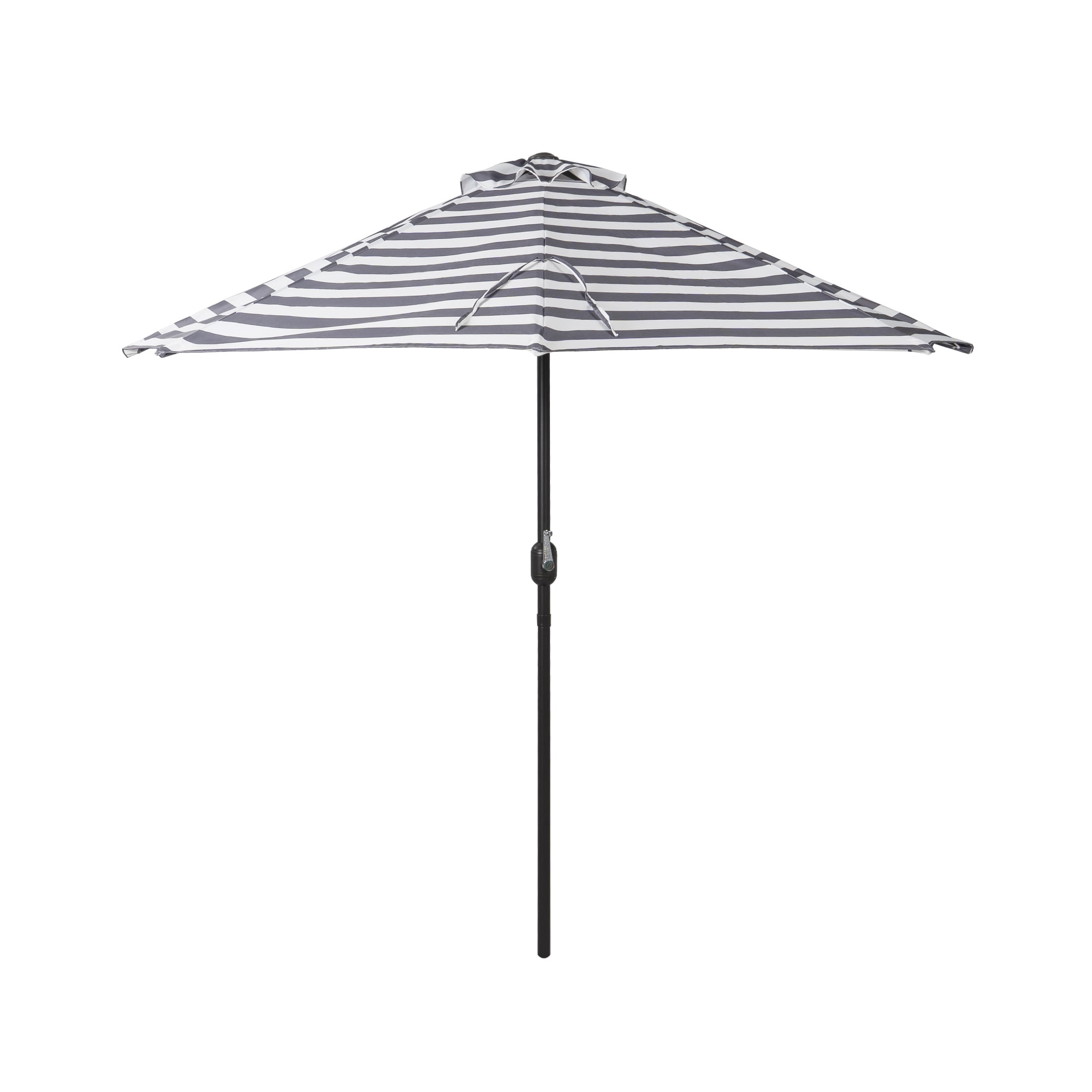 BAYSHORE 9 Ft Half Umbrella with Resin Concrete Base Included for Oudoor Patio, Gray/White Stripe