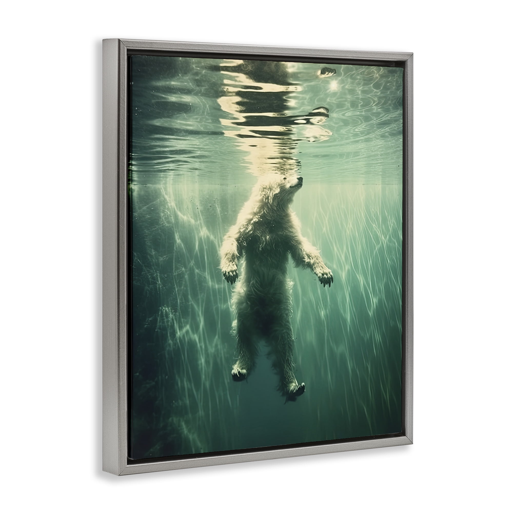 Floating Bear Underwater Gray Framed Floater Canvas Wall Art, design by Decent Exposures