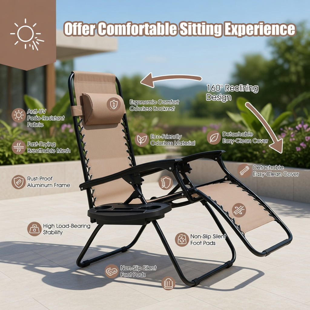 Hommoo 2-Pack Foldable Zero Gravity Lounge Chairs with Adjustable Headrest & Removable Tray, Brown