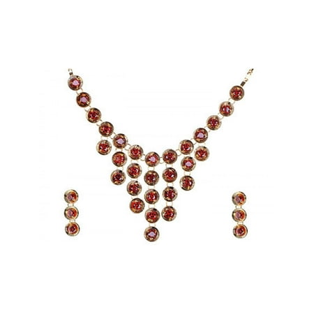 - Gold Tone Ruby Red Crystal 1960s Cascade Necklace Earring Set