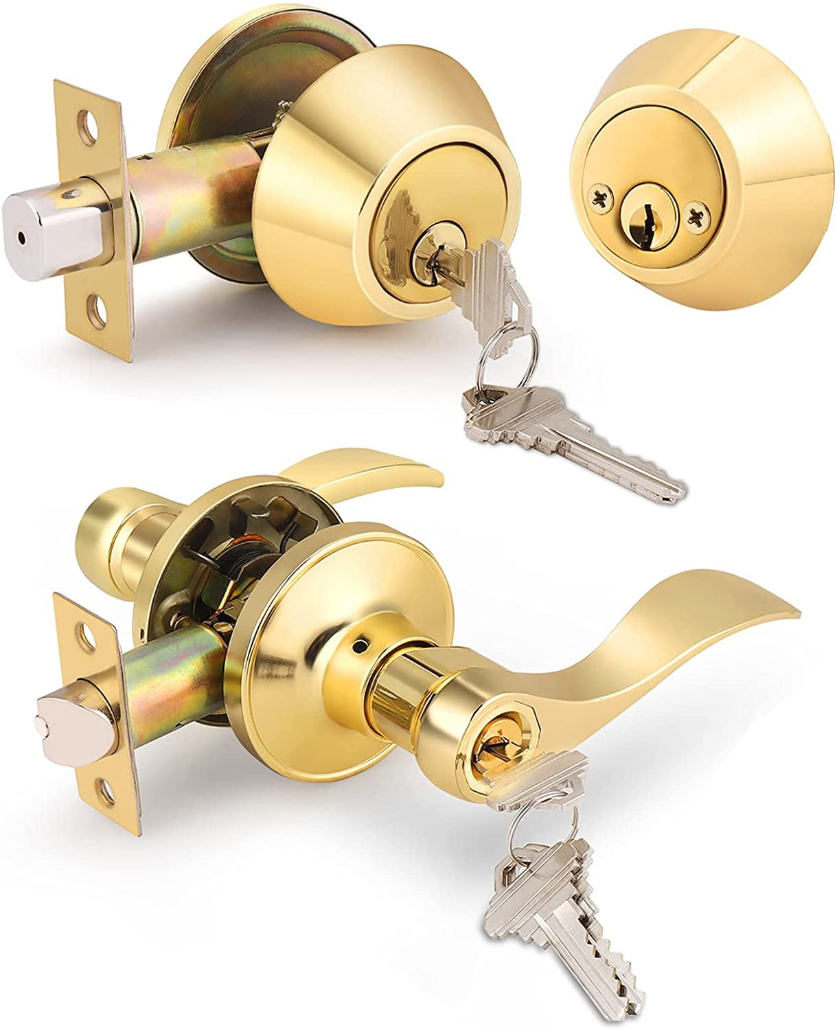 ANSI Grade 3 Polished Brass Gold Ball Knob Keyed Entry Door Lion Lock w/ 3 Keys 