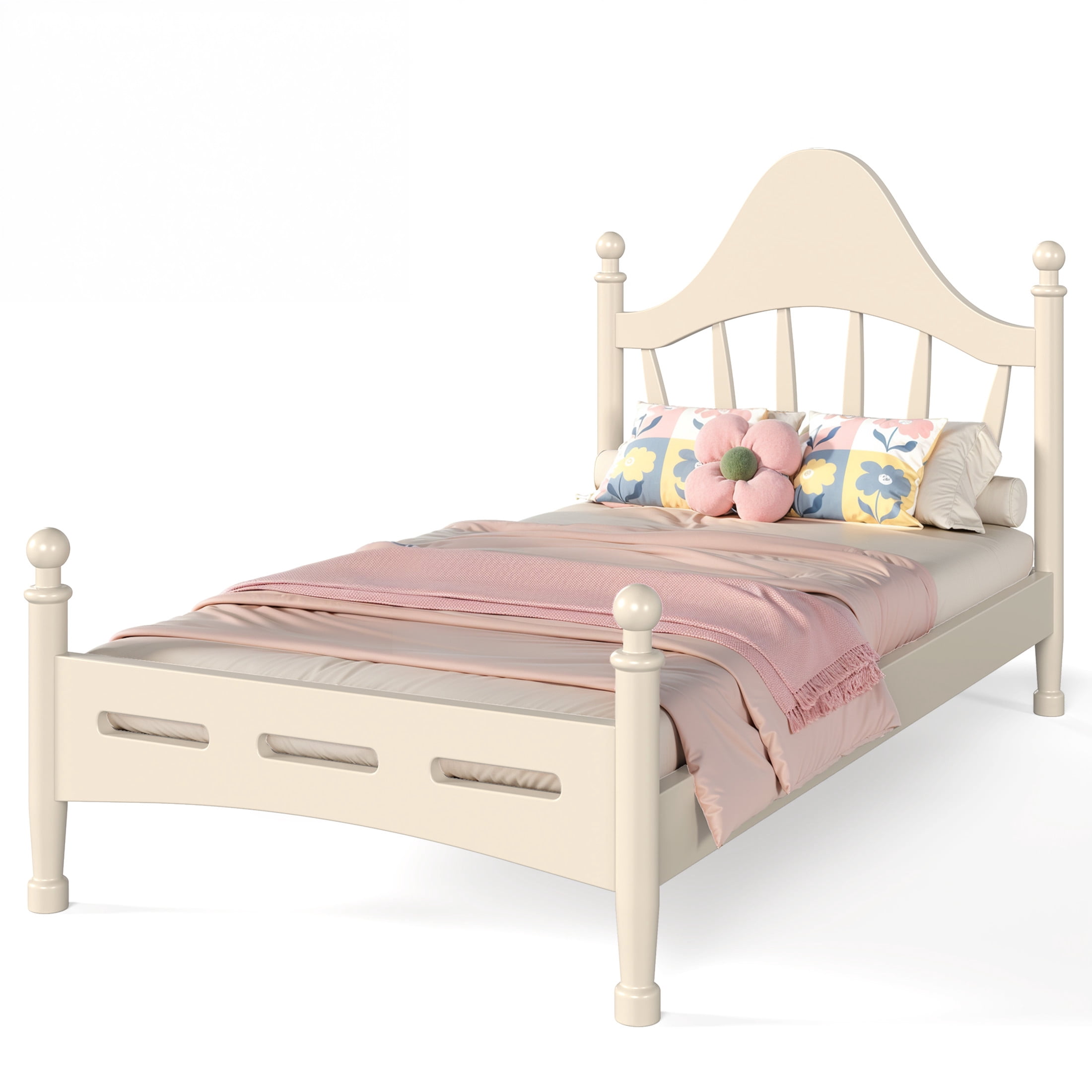 GDF Studio Twin Size Platform Bed with Curved Headboard, Solid Pine Frame, Slatted Support, Beige