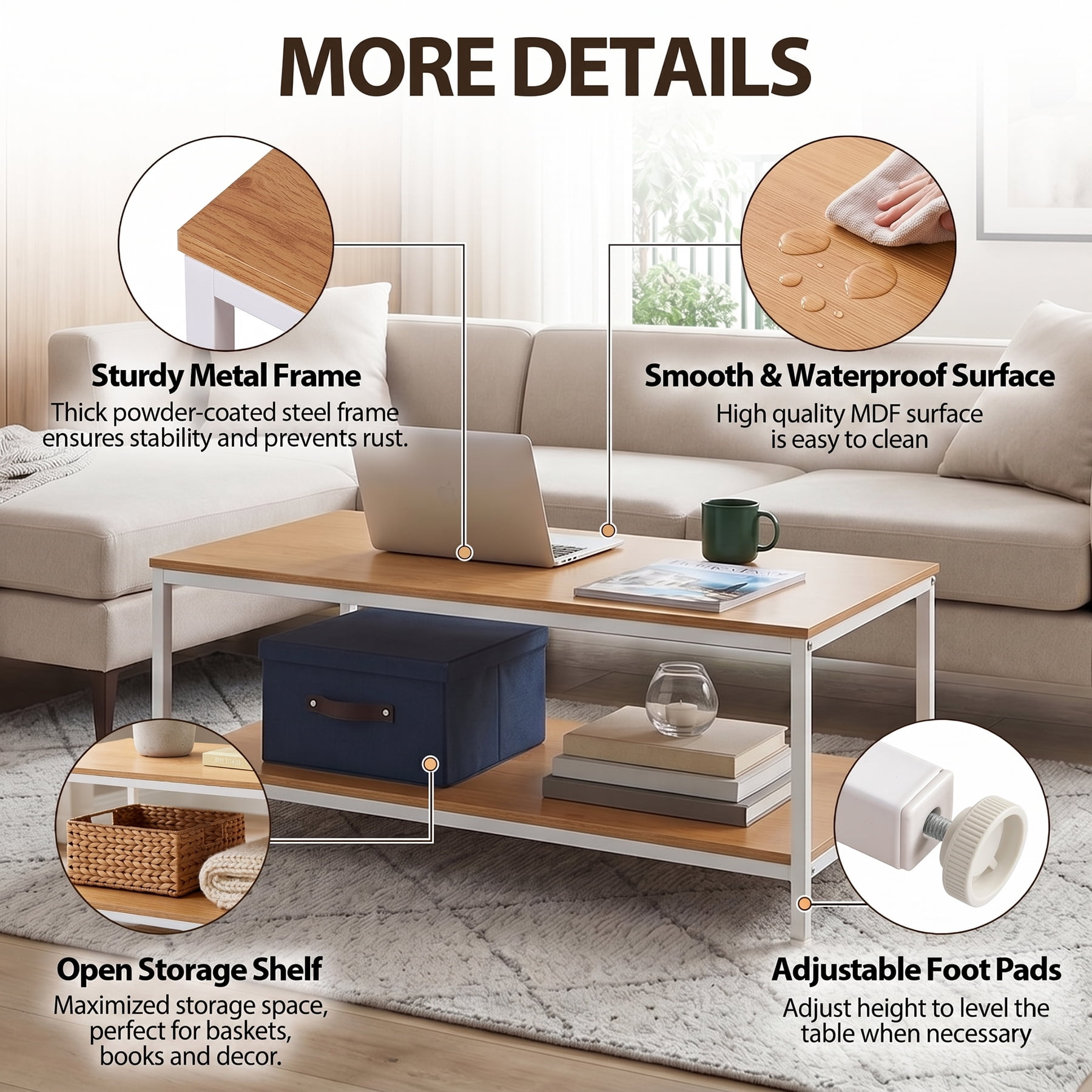 HomGarden 39.4" Modern Rectangle 2-Tier Coffee Table Wood Cocktail Table Home Office, Natural