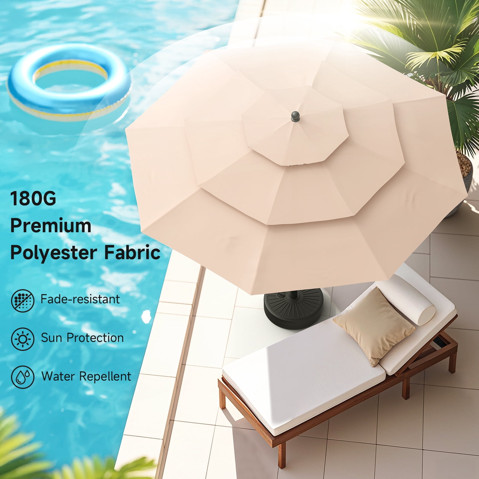 Dovov 10ft Patio Umbrella with Crank & Push Button Tilt, 3 Tier Vented Outdoor Market Umbrellas Adjustable Patio Table Umbrella with 8 Glass Fiber Ribs for Beach Pool Garden Lawn Backyard, Champagne