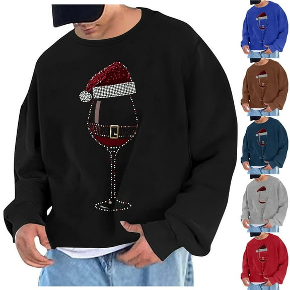 UVEASISHA Fun Christmas Gifts for Men Crewneck Sweatshirts Novelty Wine Glass Printed Long Sleeve Pullover 2024 Fashion Xmas Oversized Sweatshirt Top Christmas on Sale Black 2XL