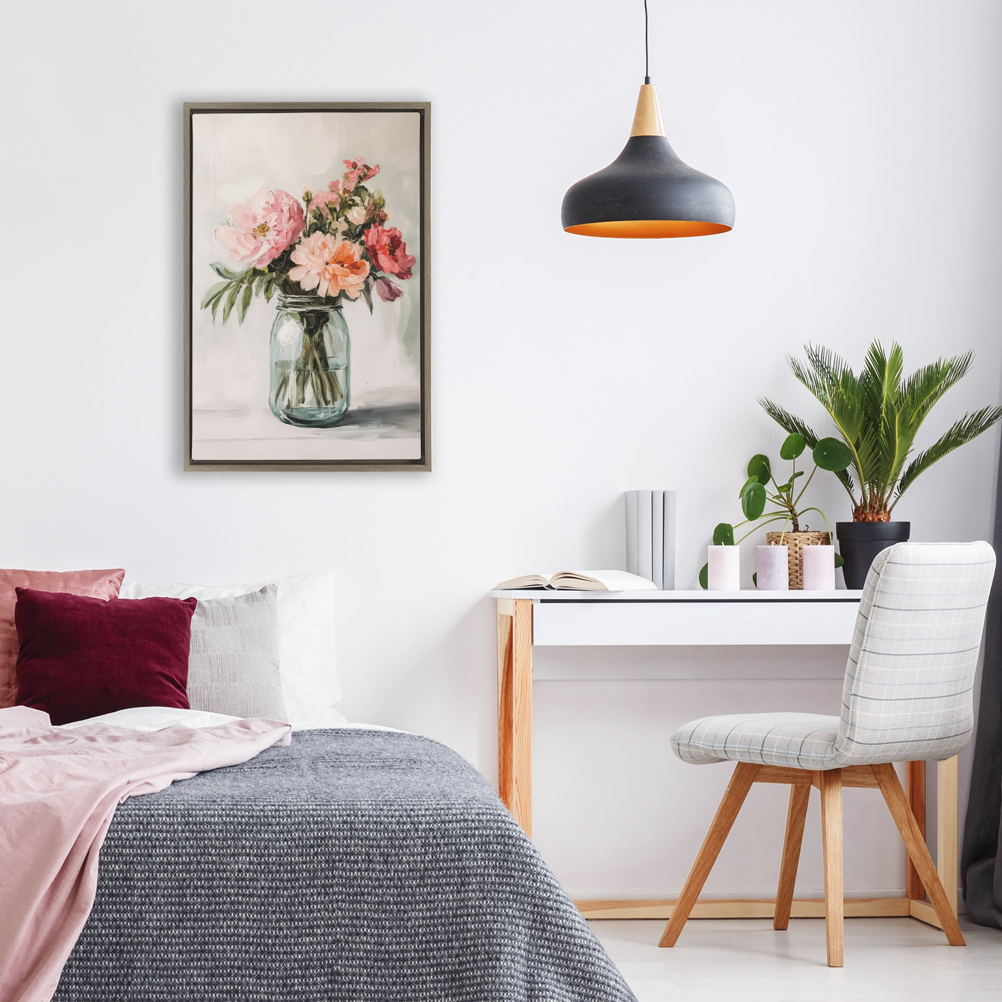 Stupell Industries Pink Flower Stems in Jar Brown Framed Floater Canvas Wall Art, design by Petal Prints Design