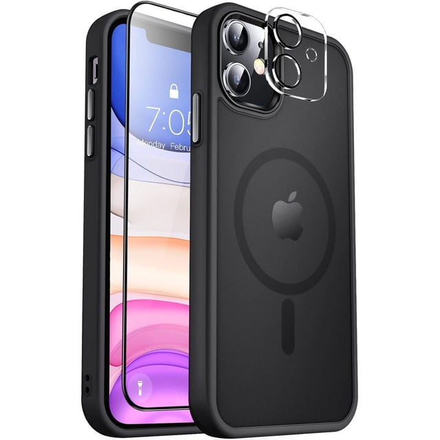 Designed For Compatible with Magsafe for Apple iPhone 12 Magnetic Case with Screen Protector+Camera Lens Glass, Heavy Duty Slim Shockproof Magnetic Case for Apple iPhone 12, Black