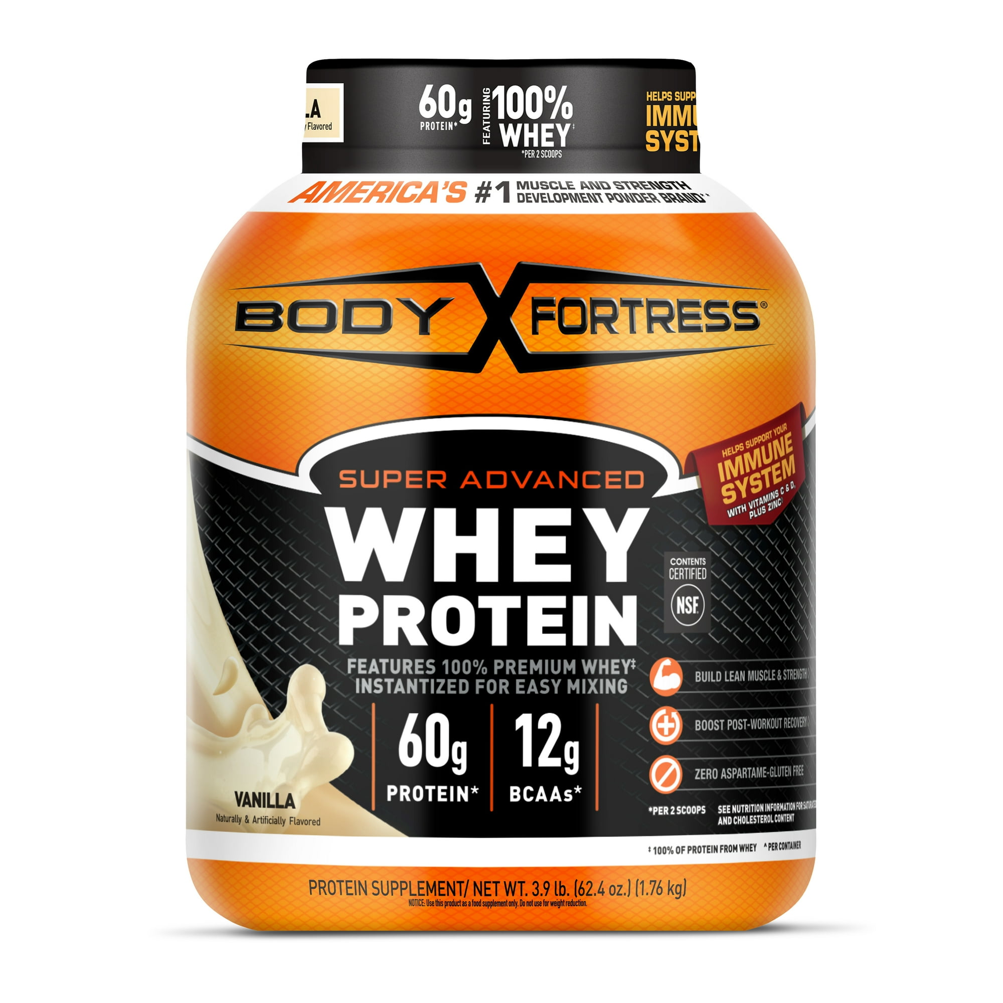 Body Fortress Super Advanced Whey Protein Powder, Vanilla, 60g Protein, 3.9 lbs (1,769 g)