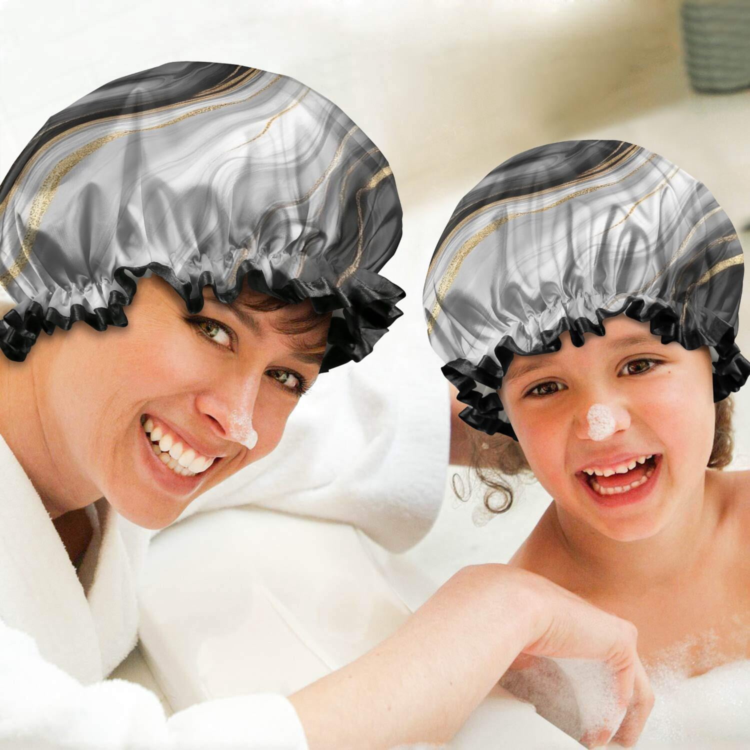 Shower Caps,Gray White Marble Gold Wave Pattern Waterproof Shower Cap for Women 4 Pieces,Double Reusable Hair Cover for Shower PEVA Elastic Stretch Hem