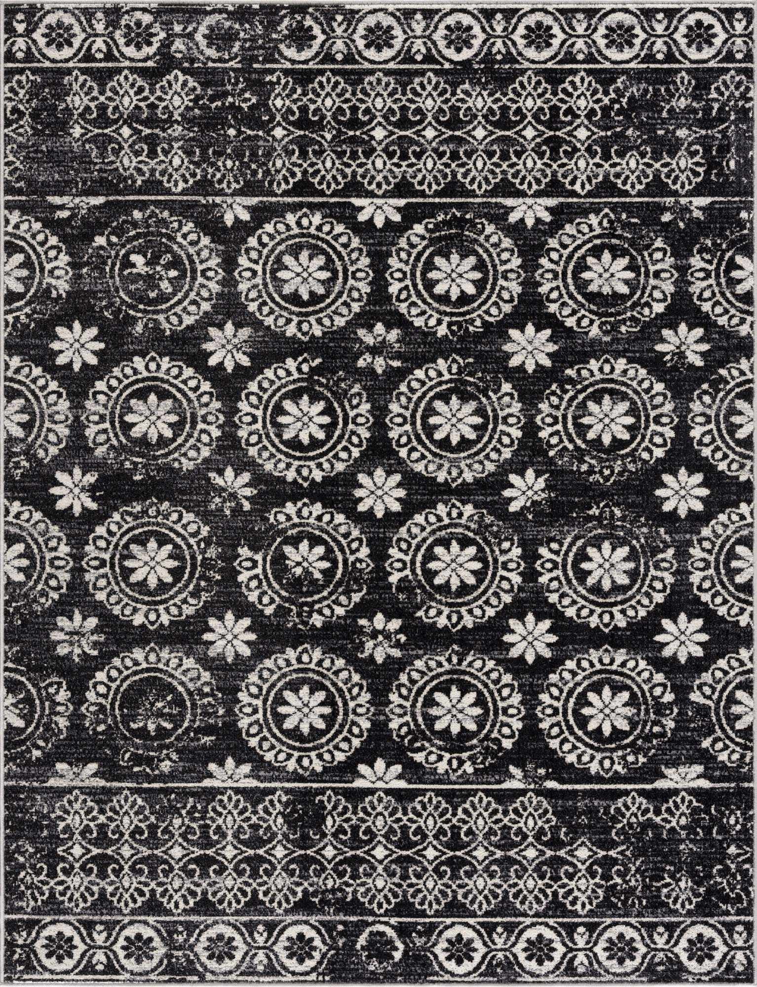 Hauteloom Kahramankazan Neutral Paisley Farmhouse Living Room Bedroom Dining Room Boho Area Rug - Machine Washable - Bohemian Vintage Carpet - Black, Light Grey, Off White - 6'7" x 9'
