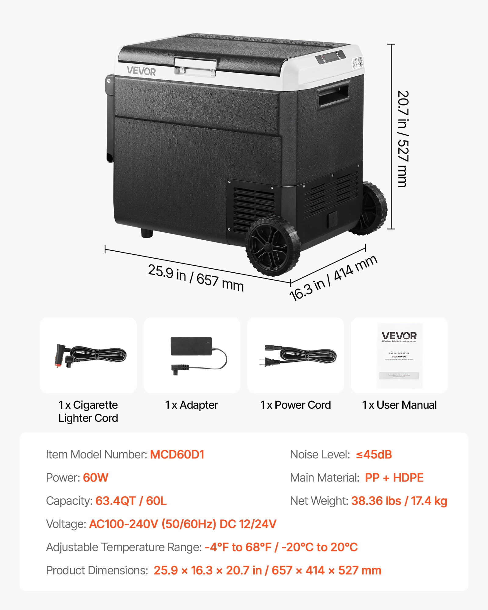 VEVOR 12 Volt Car Refrigerator, 63.4QT/60L Car Fridge, Portable Electric Cooler with Wheels and Handle, -4℉~68℉, 12/24V DC and 100- 240V AC Compressor Freezer for Outdoor, Camping, Travel, RV